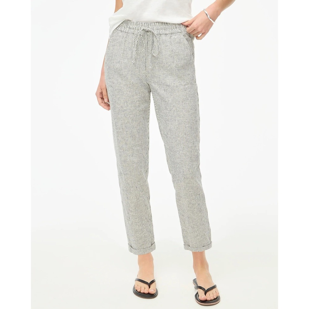J CREW Striped‎ Linen Cotton Drawstring Cropped Pants Women's Size 8 Pockets NEW
